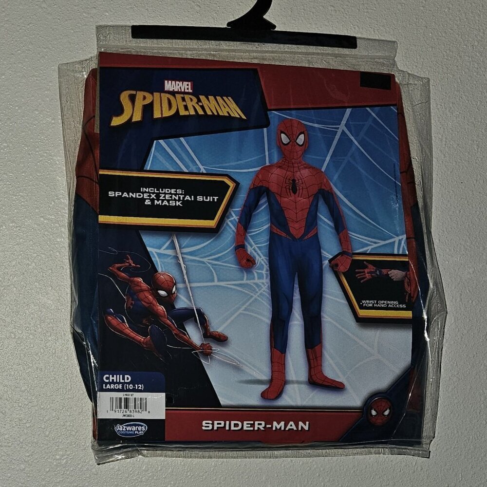 NEW Marvel Spider-Man Halloween Costume Boy Large 10-12 Spandex Zentai Suit Mask
